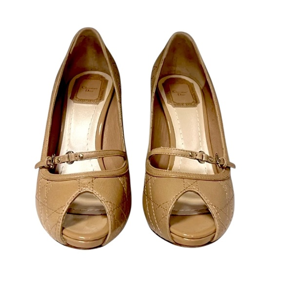 Christian Dior |Cannage Patent Leather Peep Toe Platform Pumps | Nude Heels | - Picture 6 of 14